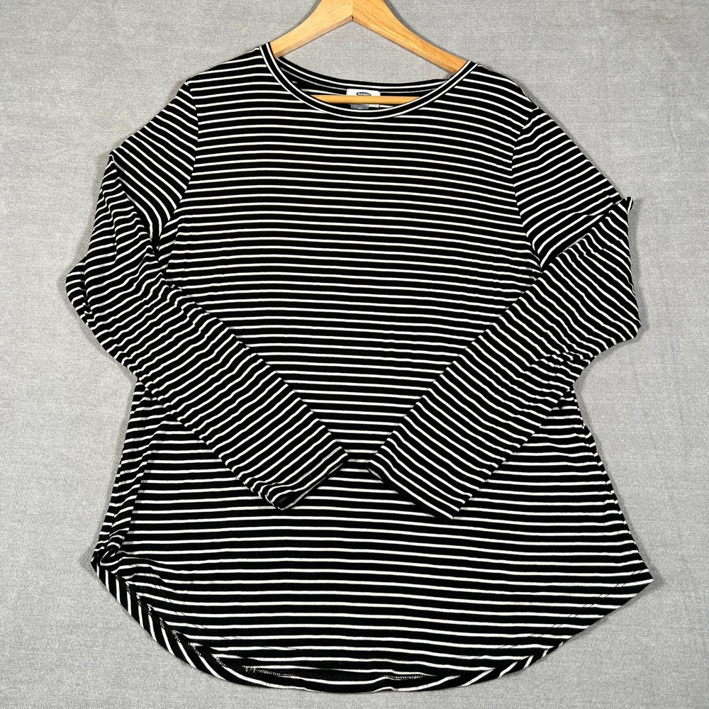 Old Navy Luxe Striped Curved Hem Long Sleeve Tee Women XL Black White Jersey